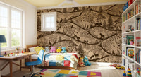 Beige brown forest pattern wall mural Scandinavian animal artwork