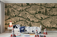 Nordic Nature wall mural woodland animals trees beige green theme