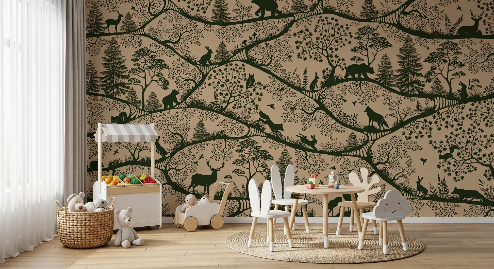 Earthy forest animals wall mural beige green Nordic wildlife pattern