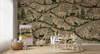 Earthy forest animals wall mural beige green Nordic wildlife pattern