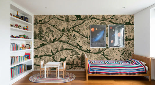 Nordic Nature Beige Green wall mural forest animals boys room decor