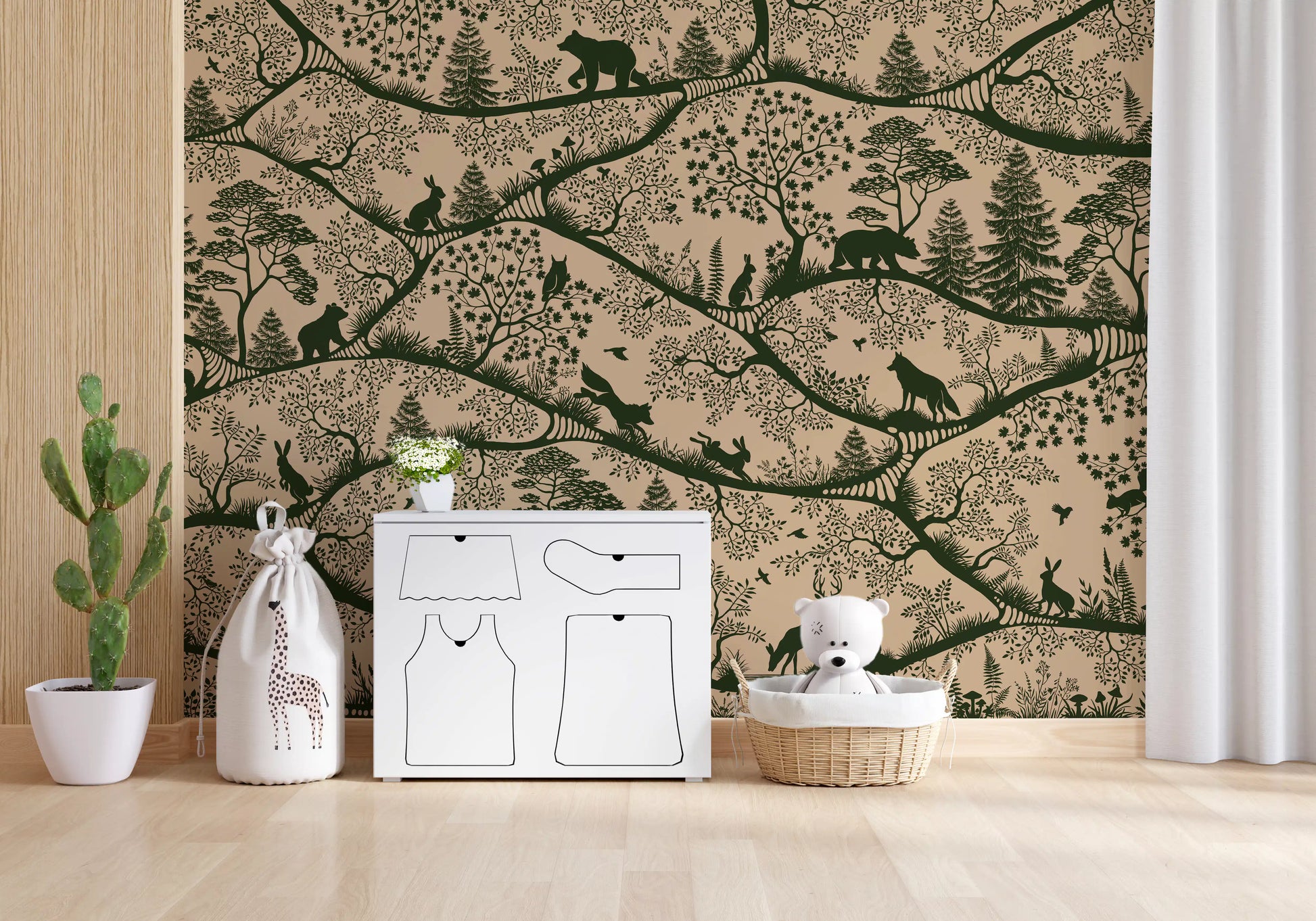 Beige green Nordic forest wall mural wildlife scene hallway interior