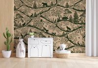 Beige green Nordic forest wall mural wildlife scene hallway interior