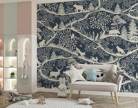 Blue white forest pattern wall mural Nordic wildlife artwork