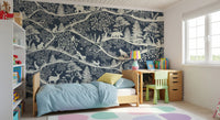 Minimal nature wall mural blue white Scandinavian forest illustration