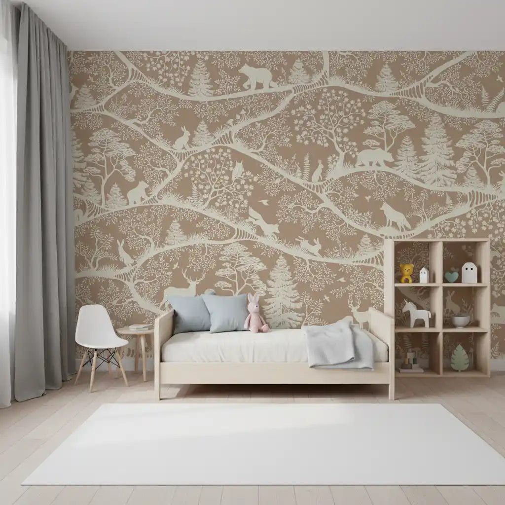 Nordic Nature Brown White wall mural forest animals kids room decor