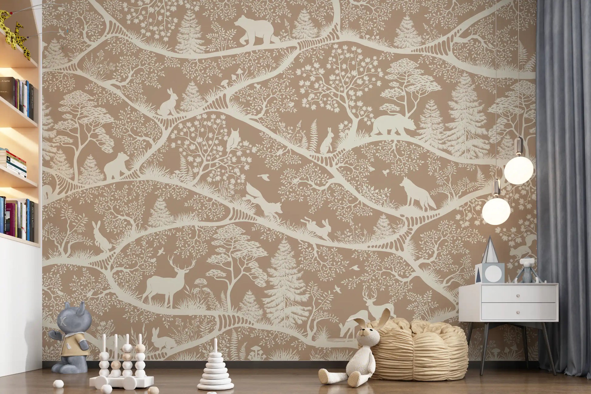 Brown white Nordic forest wall mural wildlife scene play area interior