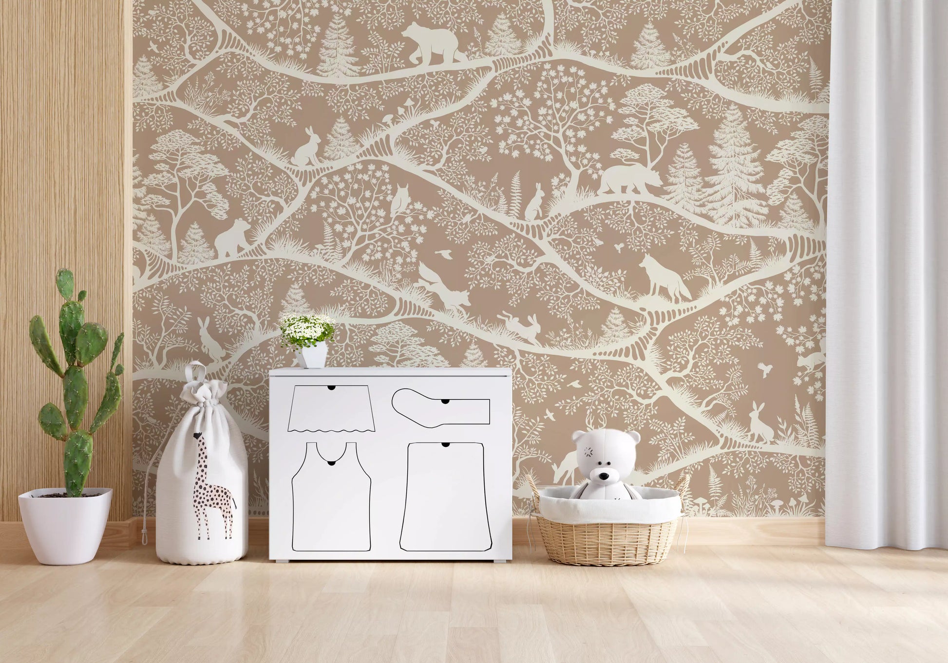 Nordic Nature Brown White wall mural rabbits trees hallway setup