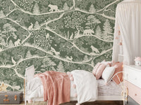 Nordic woodland pattern mural animals branches green wall mural
