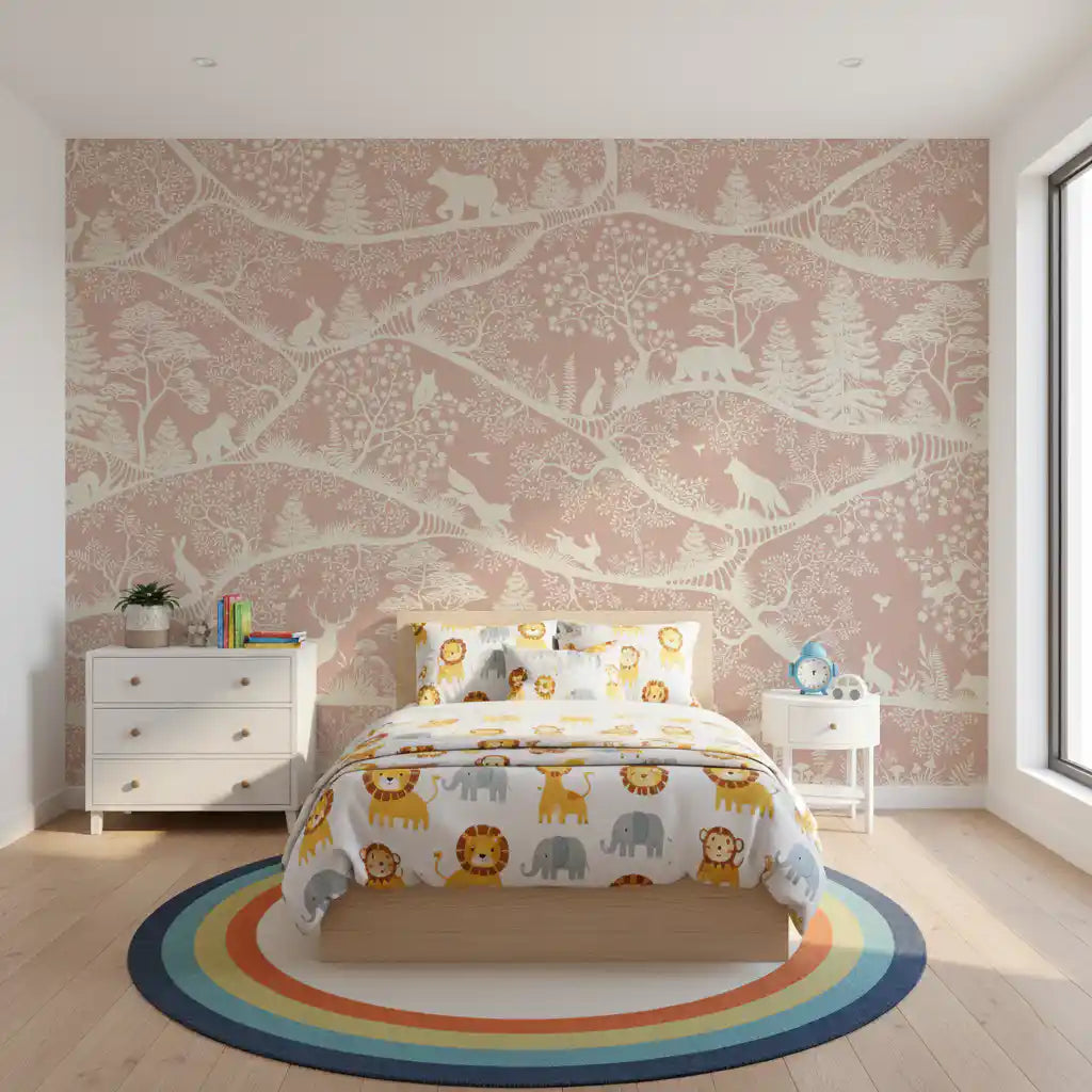 Woodland animals pattern mural bedroom pink wall mural