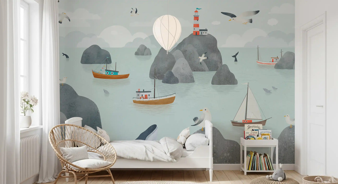 Seaside boats lighthouse mural kids room ocean scene wall mural