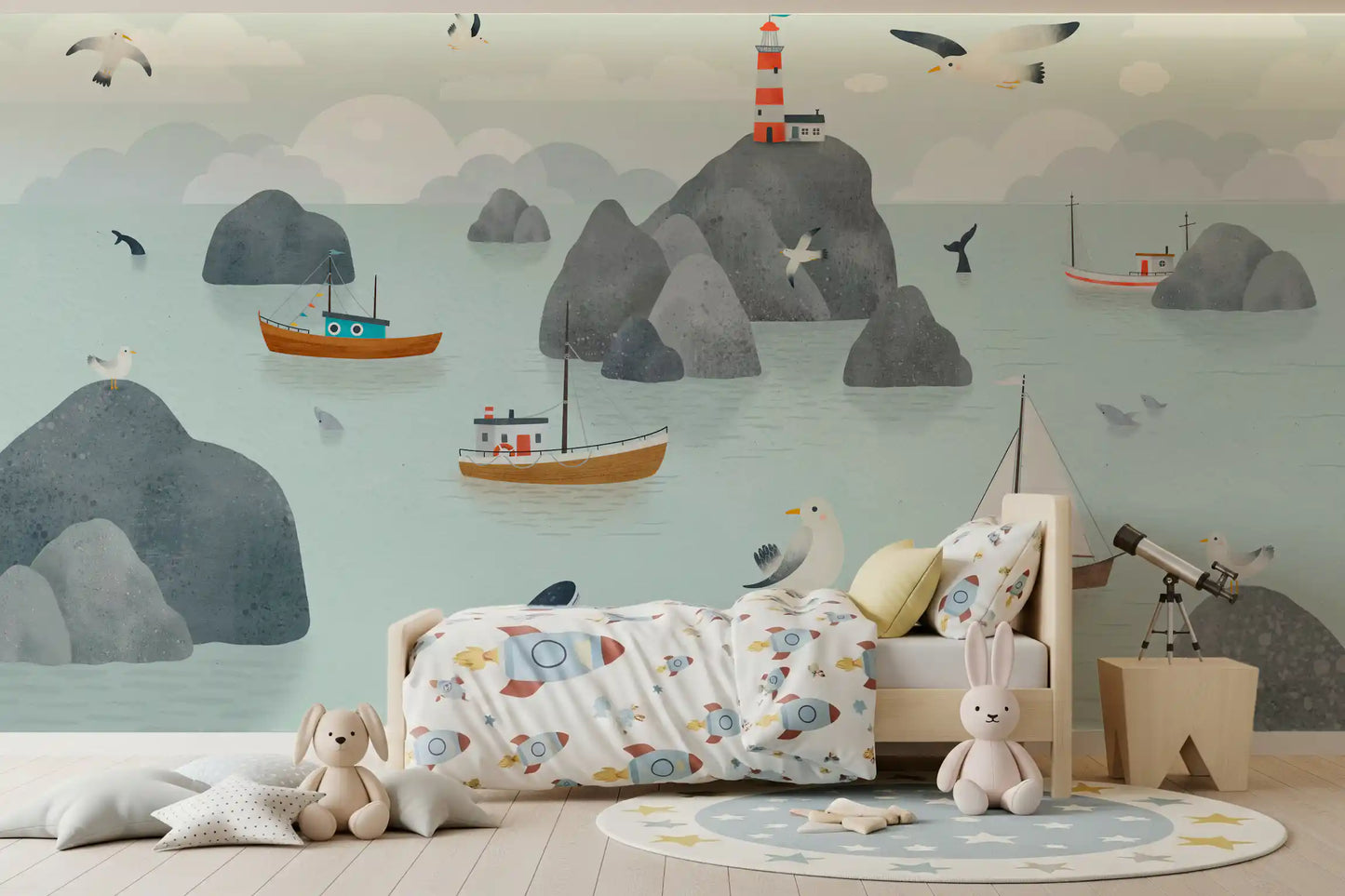 Ocean harbor mural lighthouse boats and whale illustration wall mural