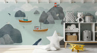 Coastal harbor story mural nursery room seaside boats wall mural