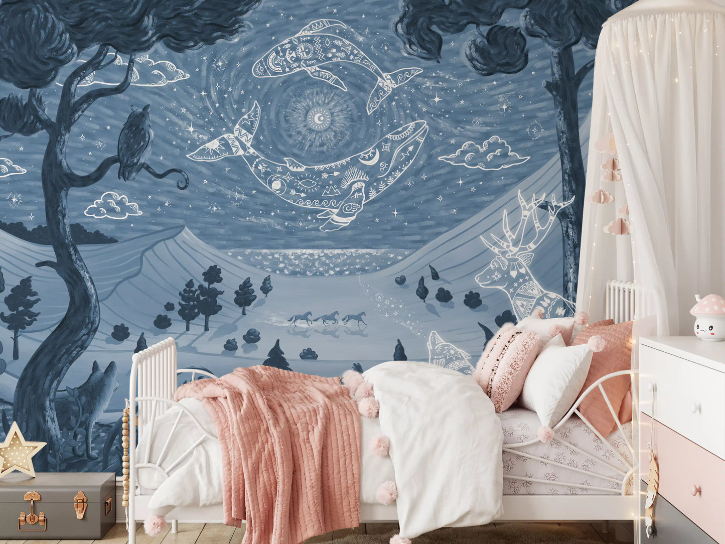 Night forest celestial design mural spirit blue animals wall mural