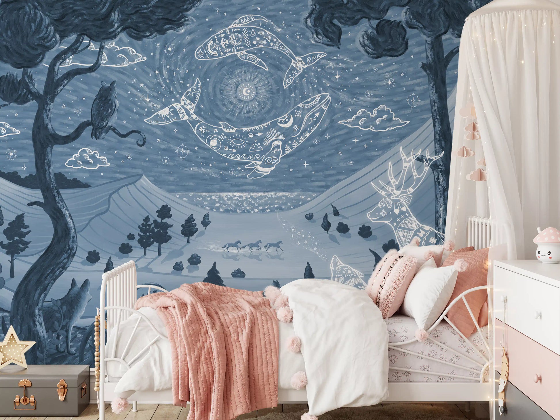 Night forest celestial design mural spirit blue animals wall mural