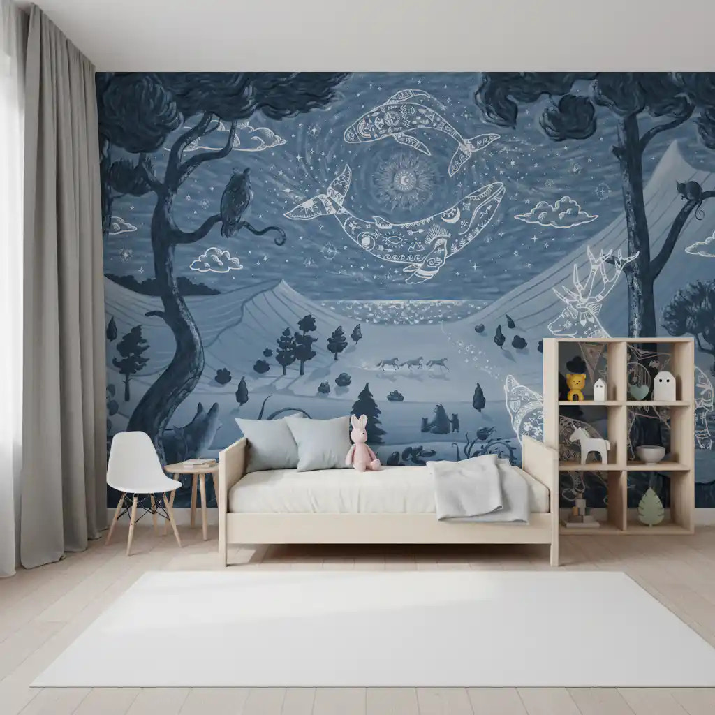 Spirit night blue mural bed room mystical animals forest wall mural