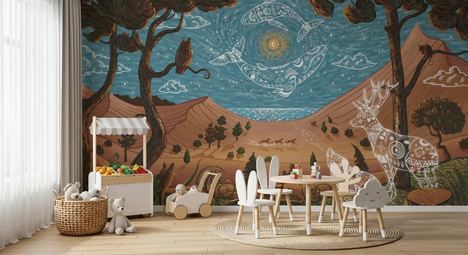 Play area interior using spiritual nature wall mural with celestial sky