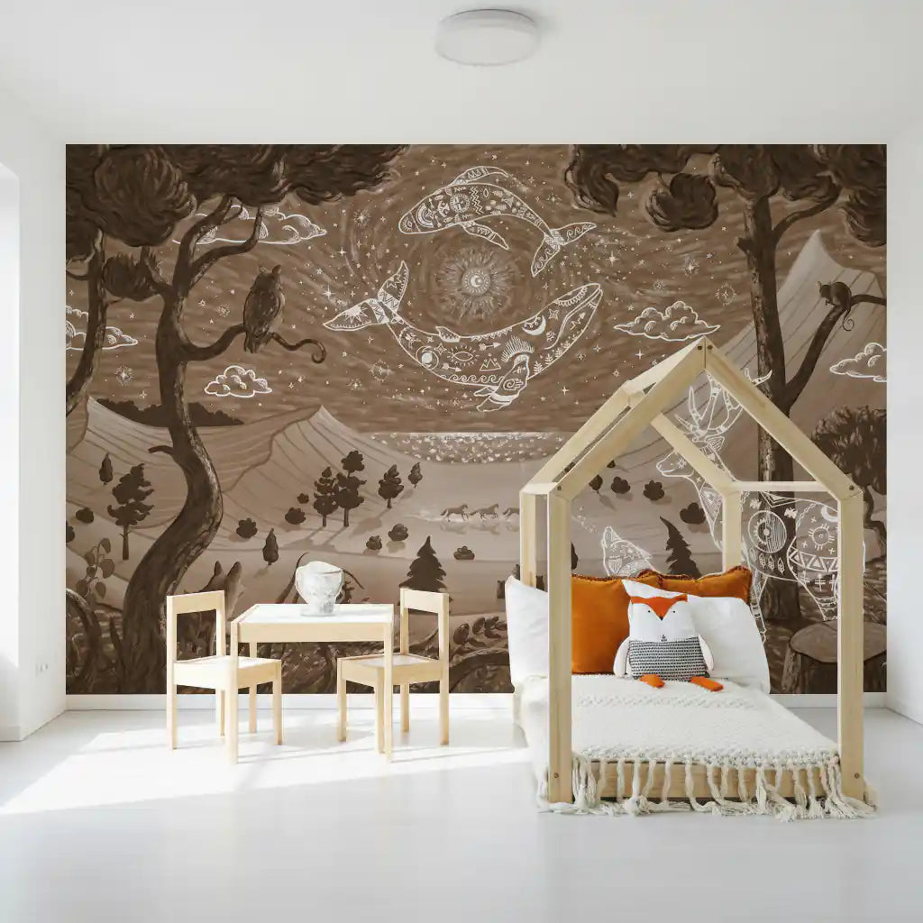 Brown tone wall mural with mystical animals and glowing line art details