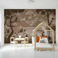 Brown tone wall mural with mystical animals and glowing line art details