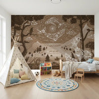 Toddler room setup with night forest mural and spiritual wildlife pattern