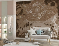 Night landscape Brown wall mural with trees, mountains, and glowing creatures