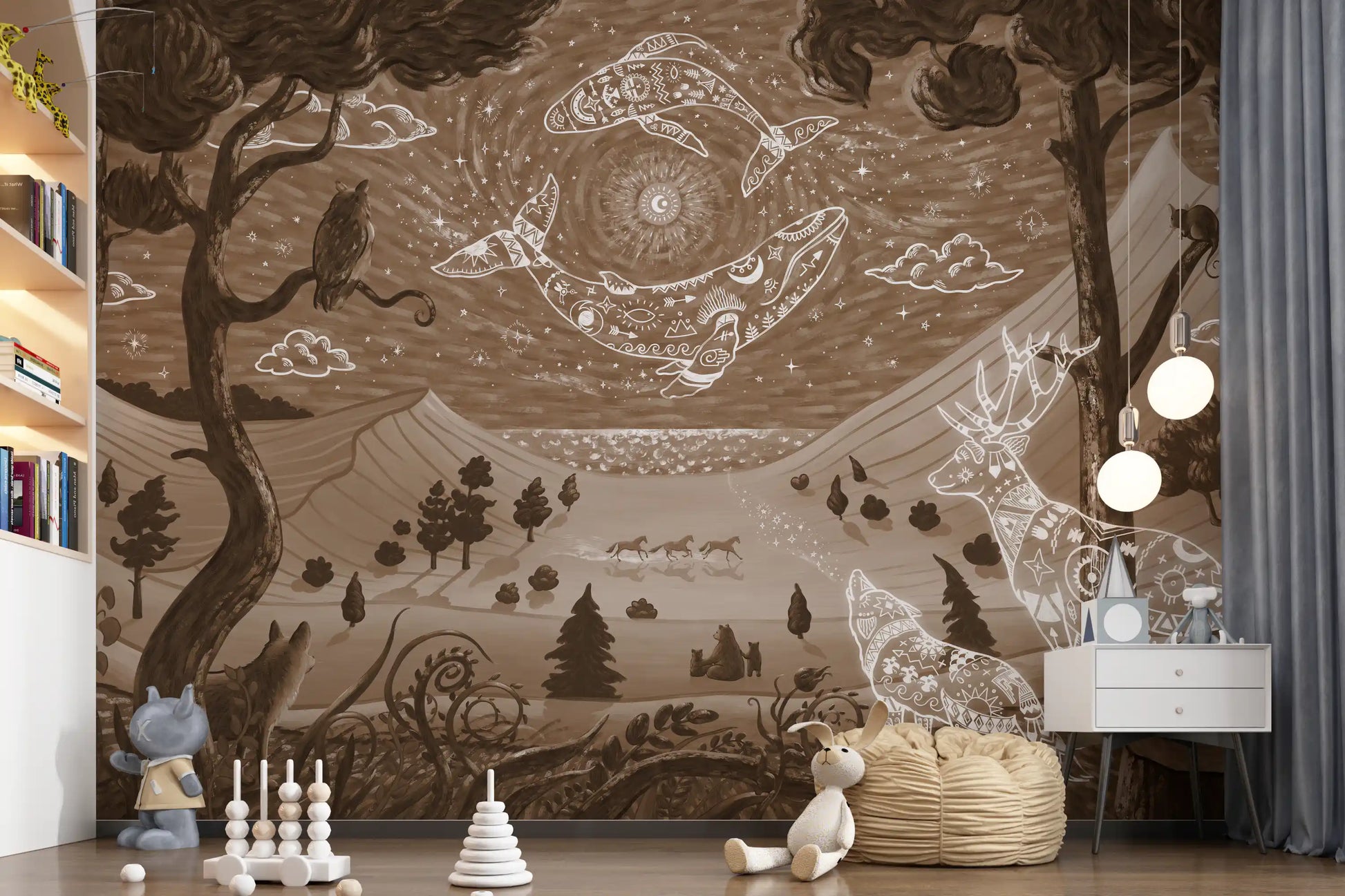 Tribal style Brown wall mural with animal figures and cosmic sky illustration