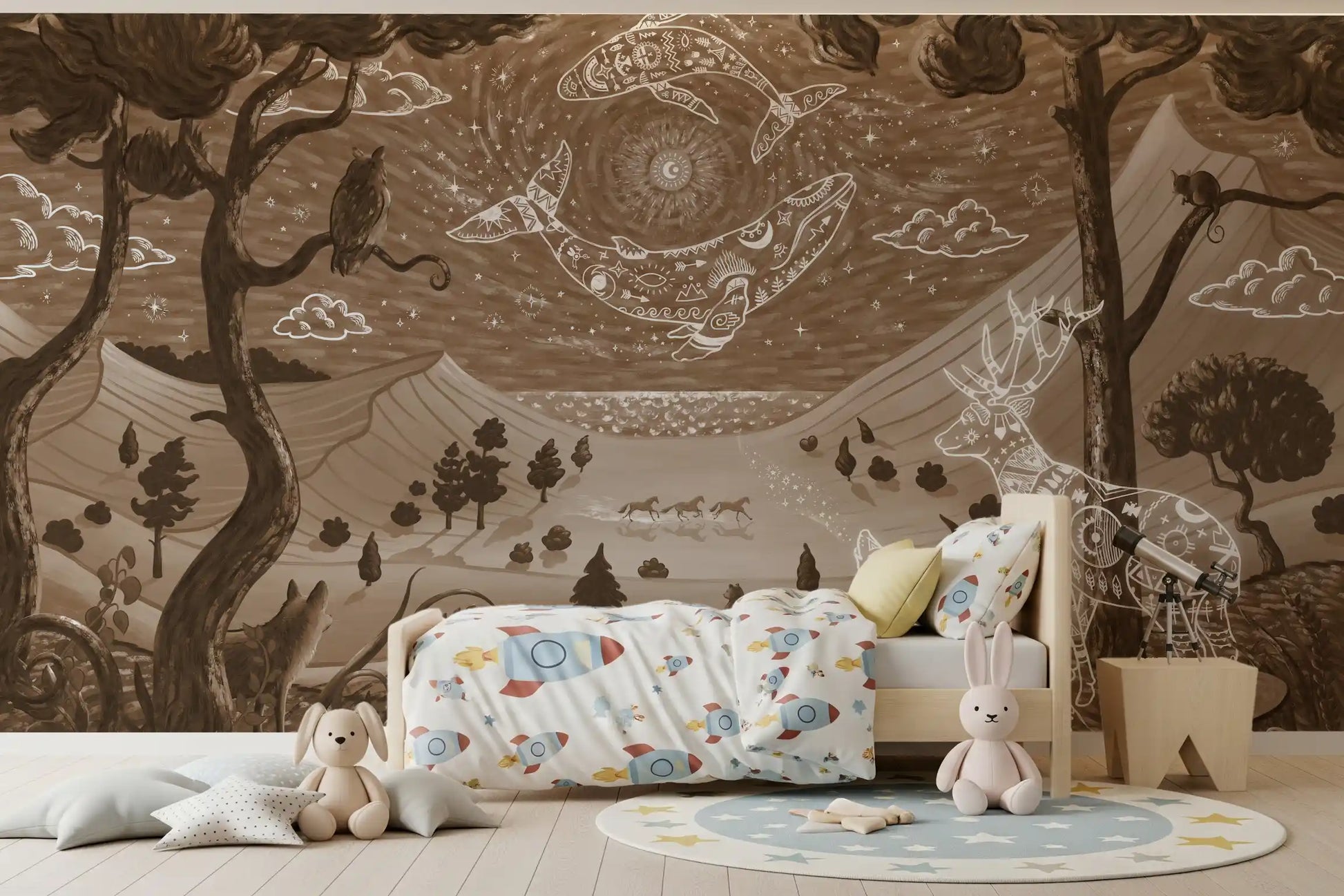 Sepia brown wall mural with forest scene and symbolic animal artwork