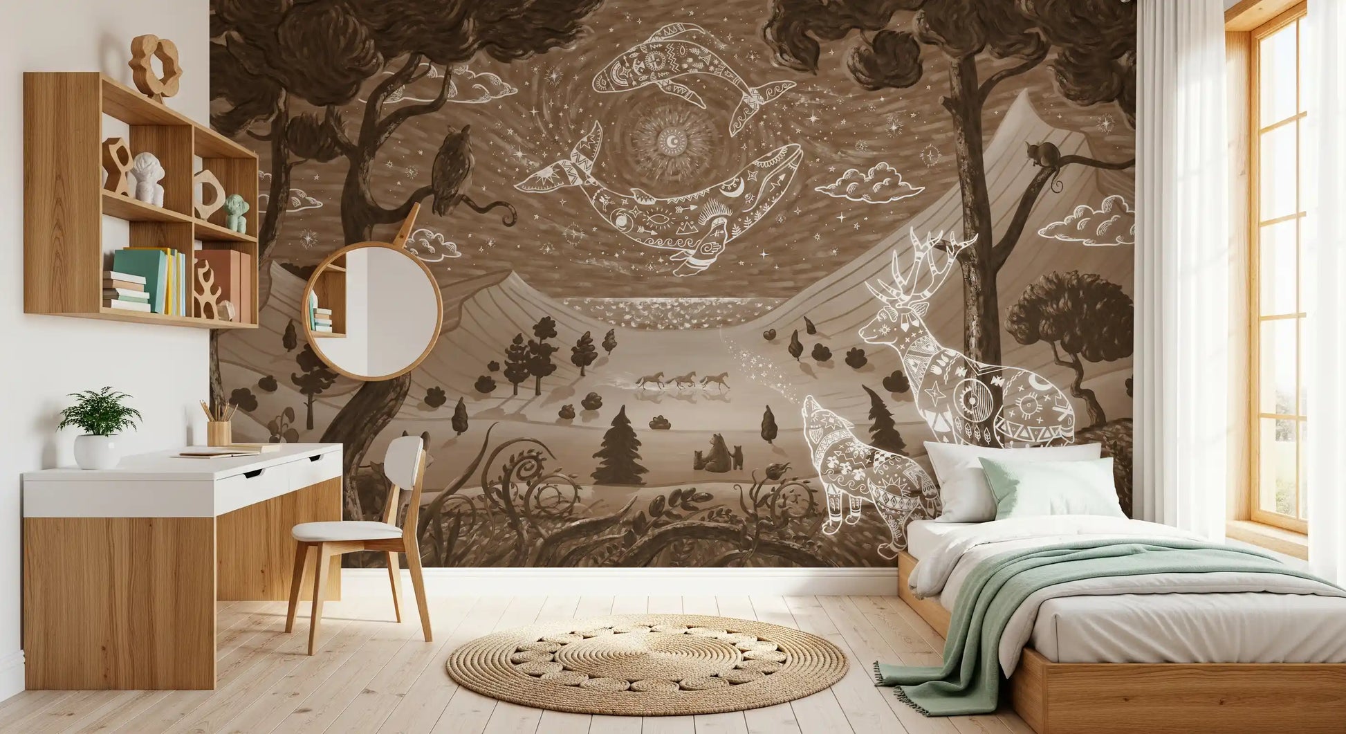 Kids Bedroom styled brown forest wall mural with glowing deer and wolf design