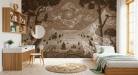 Kids Bedroom styled brown forest wall mural with glowing deer and wolf design