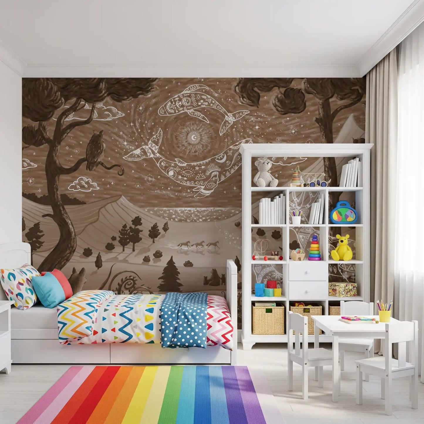 Bedroom interior using fantasy Night Brown nature wall mural with celestial animals
