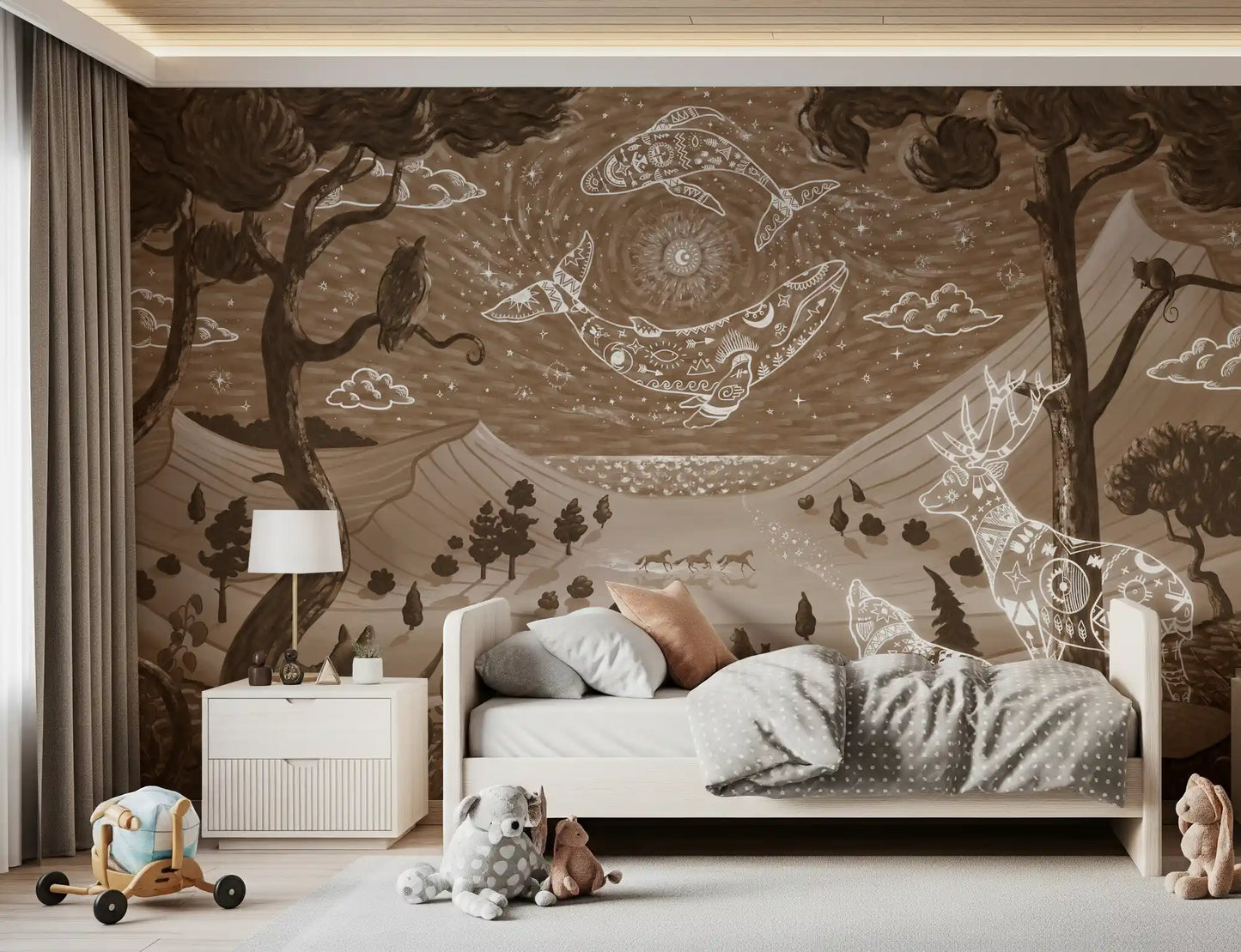 Fantasy forest Brown wall mural with deer, wolf, and celestial sky elements