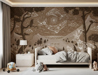 Fantasy forest Brown wall mural with deer, wolf, and celestial sky elements