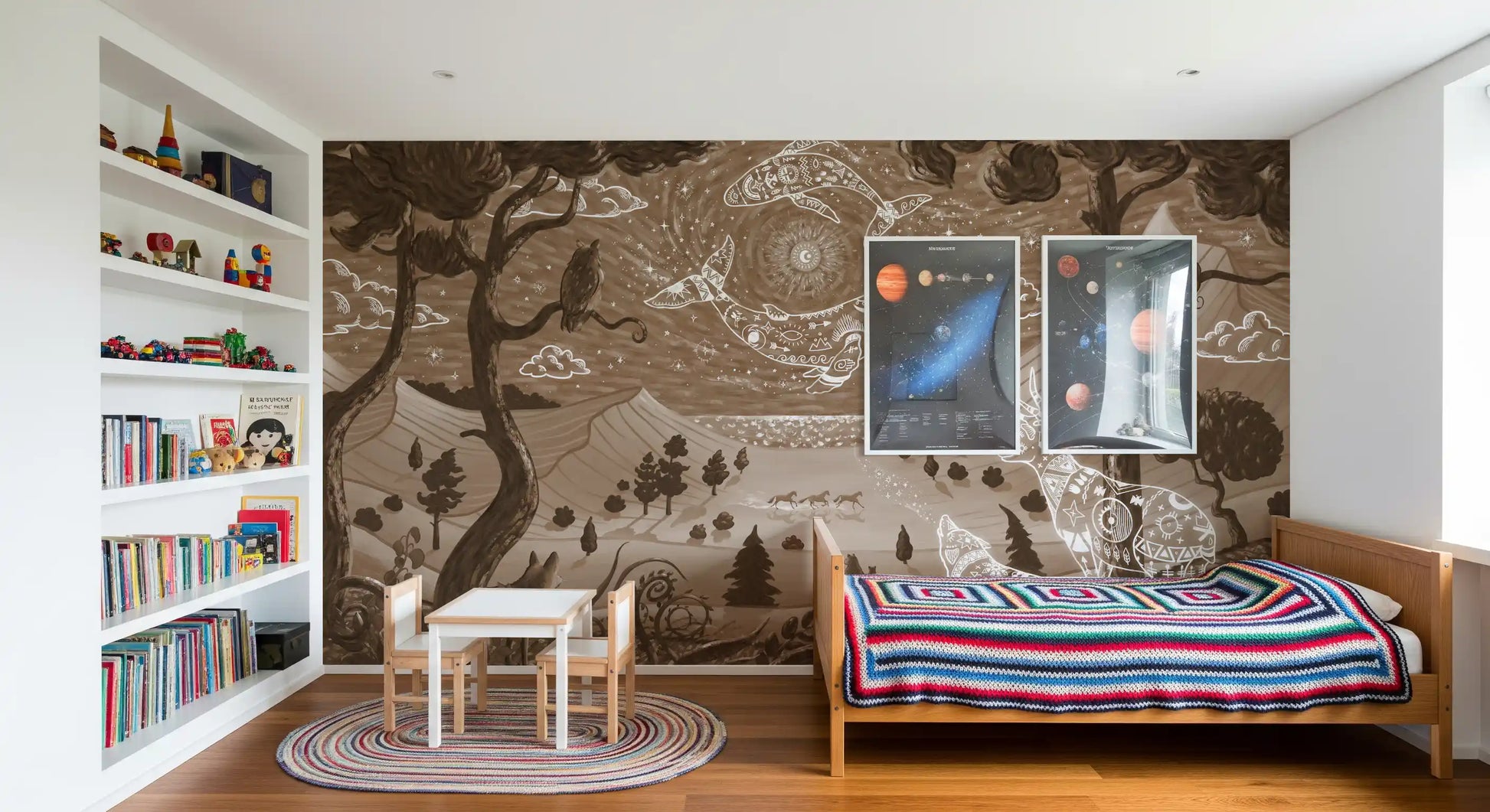 Artistic nature Spirit Night wall mural with spiritual symbols and woodland animals
