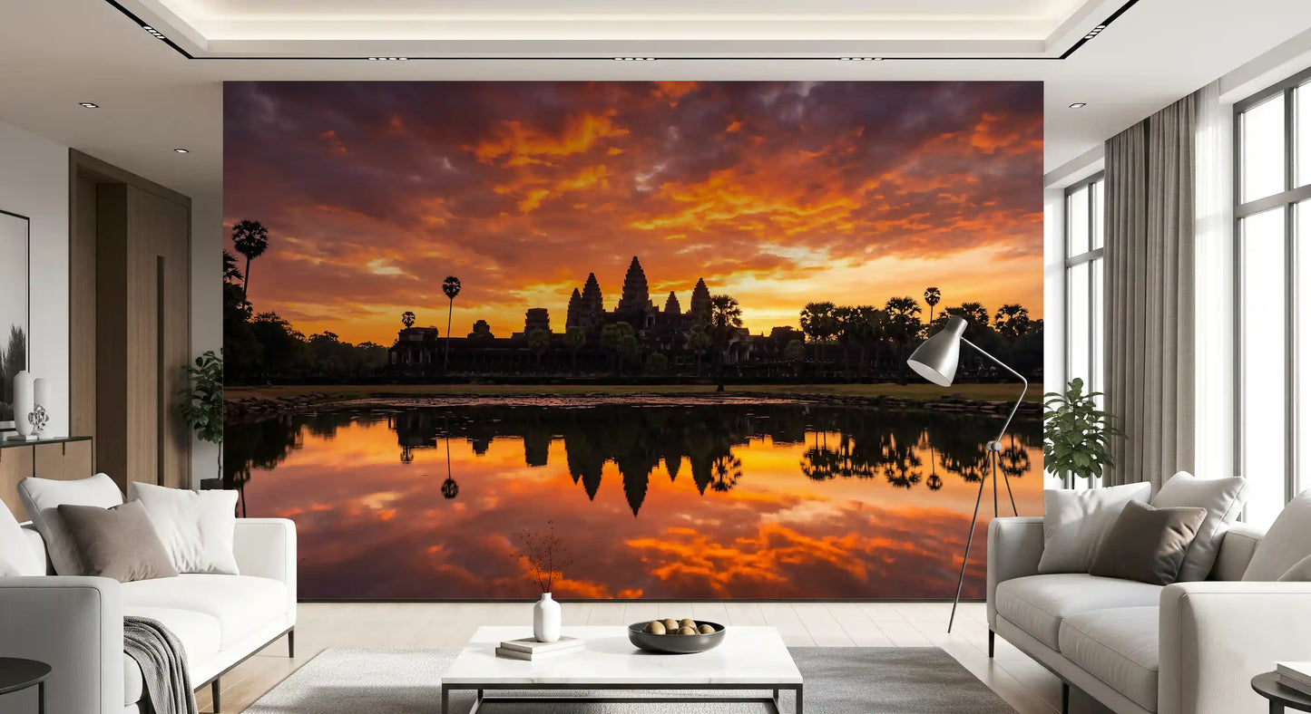 Hallway interior using landscape reflection wall mural with glowing sky