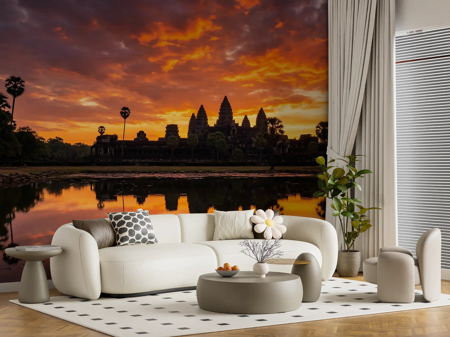 Landscape wall mural with water reflection and dramatic sunset clouds