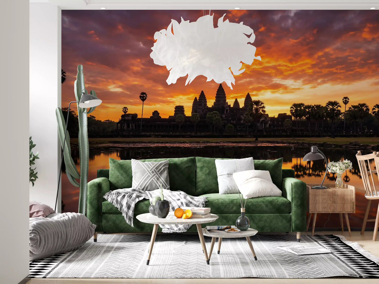 Evening landscape wall mural with glowing sky and reflective water