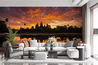 Travel inspired wall mural with temple skyline and mirrored reflection