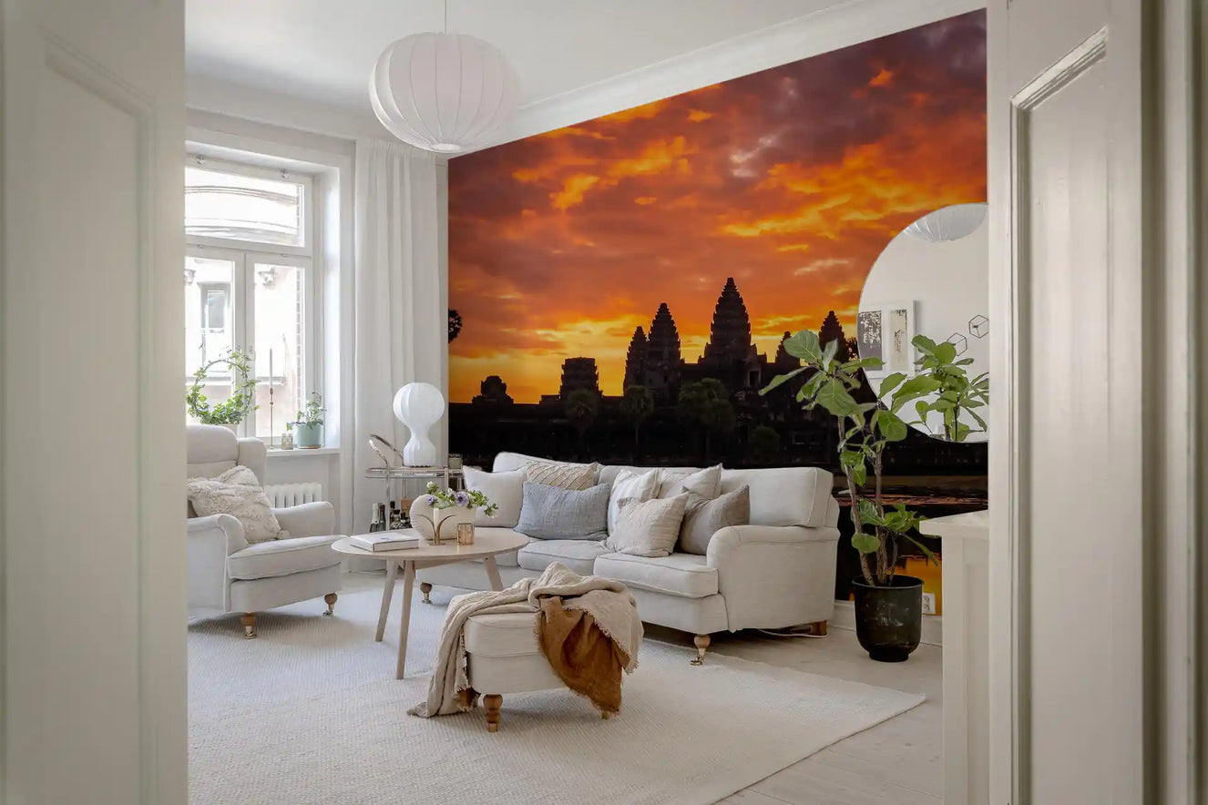 Living room decor with temple reflection wall mural and sunset sky view