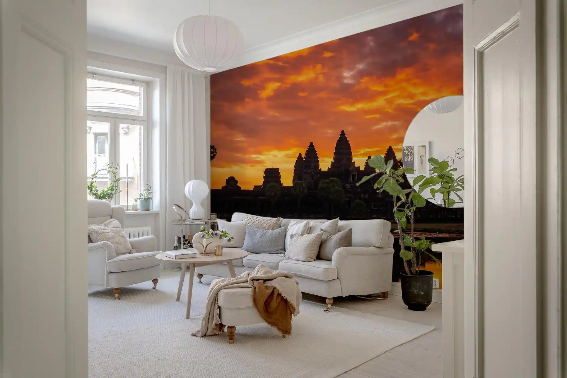 Living room decor with temple reflection wall mural and sunset sky view