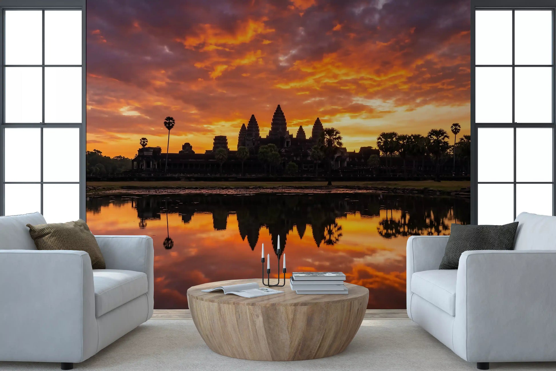 Sunset reflection wall mural with temple structure and glowing sky colors