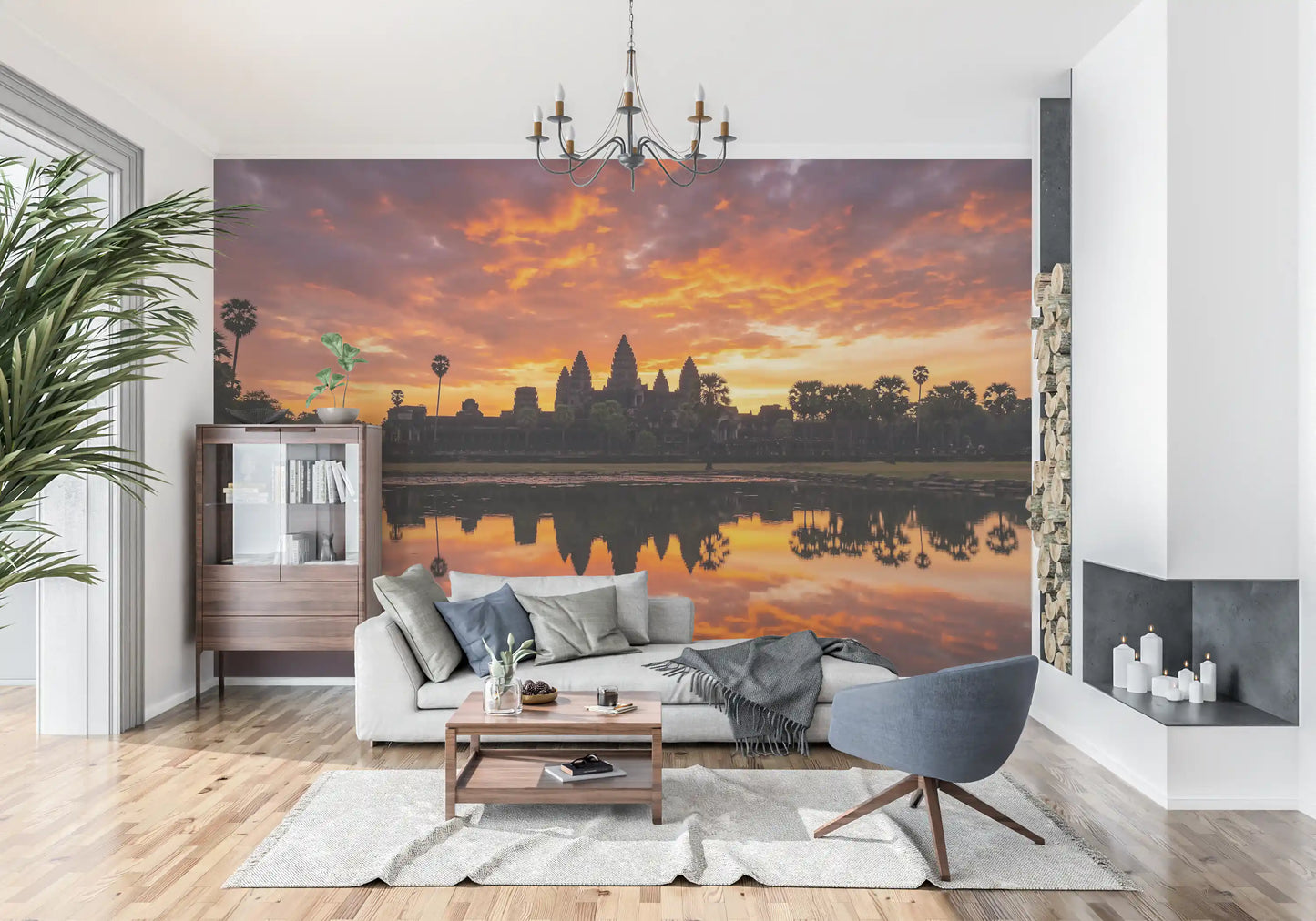 Scenic temple wall mural with silhouette architecture and sky reflection