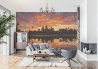 Scenic temple wall mural with silhouette architecture and sky reflection