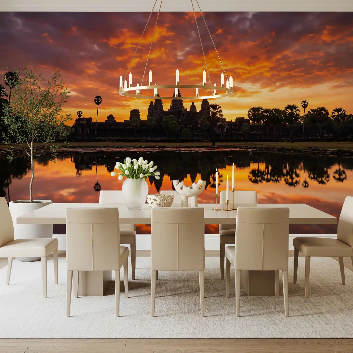 Dining room setup with temple silhouette wall mural and sunset reflection