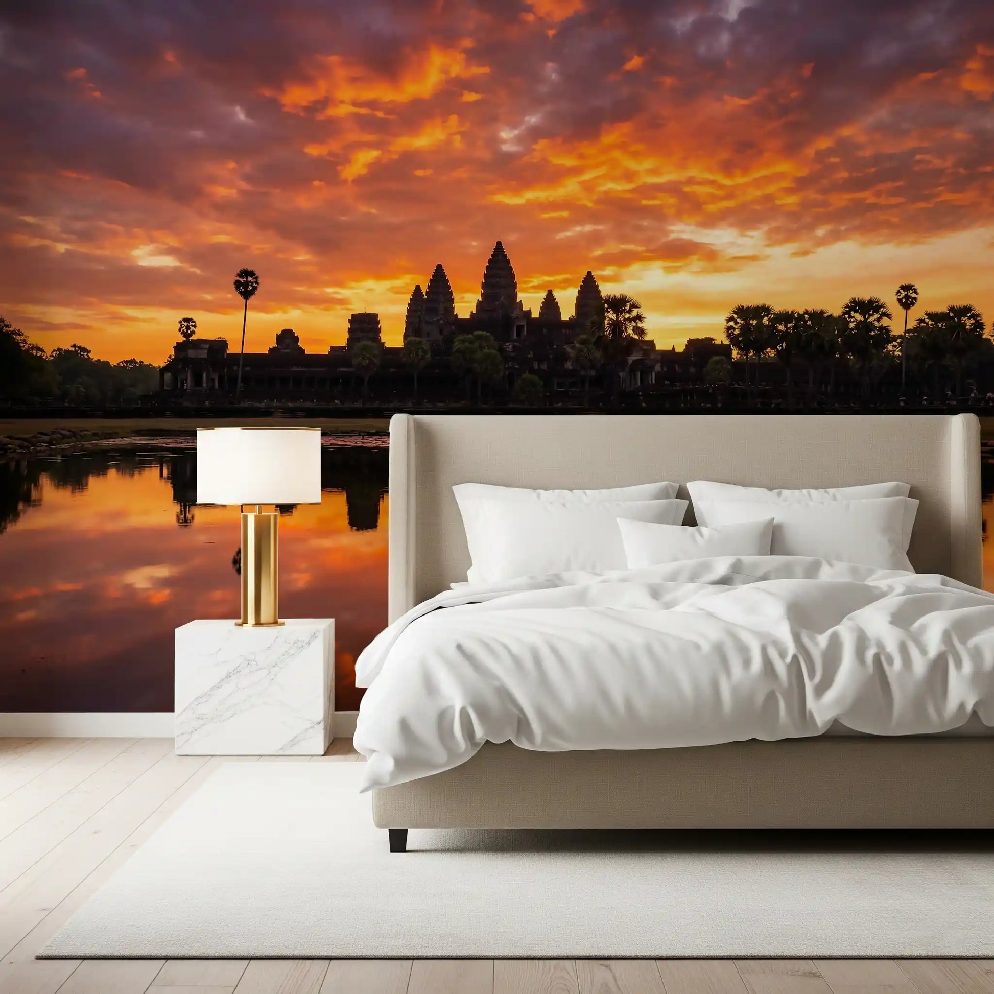 Bedroom styled sunset temple wall mural with water reflection scene