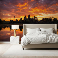 Bedroom styled sunset temple wall mural with water reflection scene