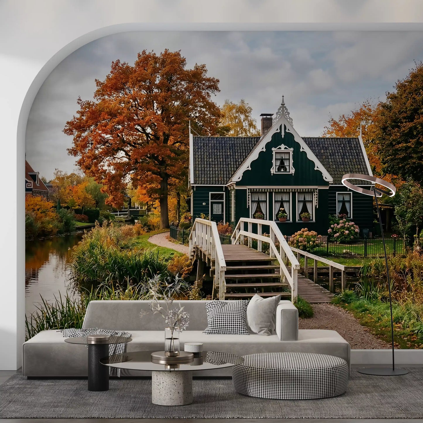 Canal reflection wall mural with colorful autumn leaves and greenery