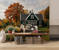 Autumn scenery wall mural with wooden bridge and calm canal reflection