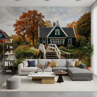  Dutch Autumn wall mural with canal, cottages, and fall foliage