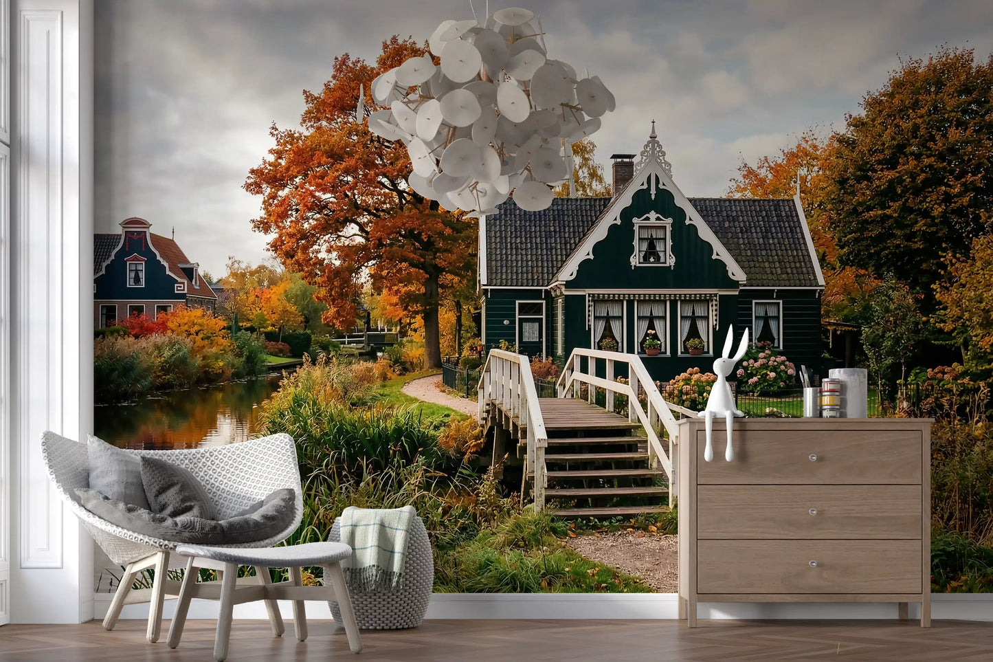 Village landscape wall mural with canal houses and fall season colors
