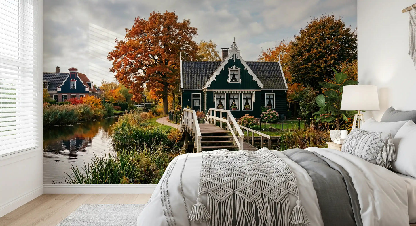 Bedroom styled autumn canal mural with colorful foliage and cottage view
